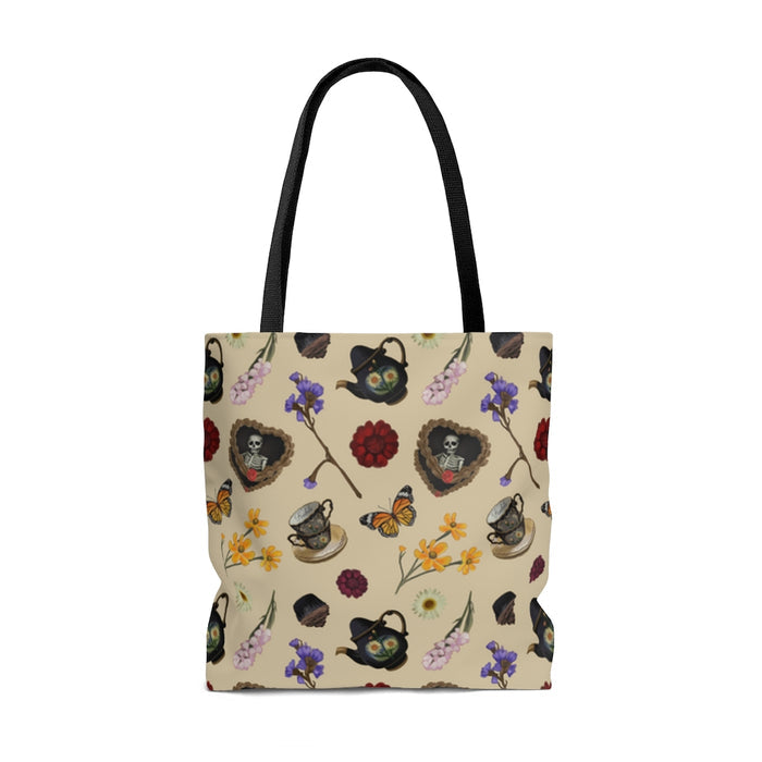 Stylish Gothic Tea Time Tote Bag (Cream) featuring whimsical tea and floral designs, perfect for any outing.