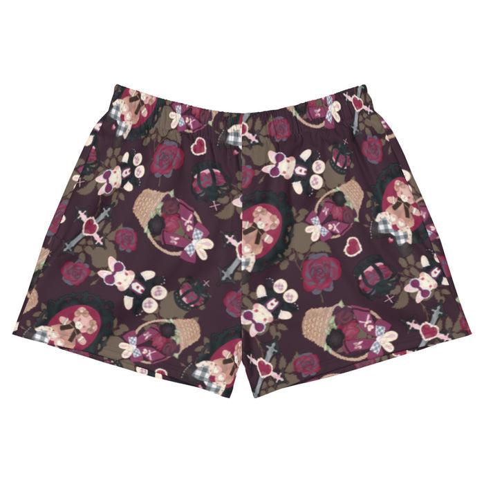 Gothic Teddy short shorts in mauve and charcoal with dark roses and heart charms, goth activewear