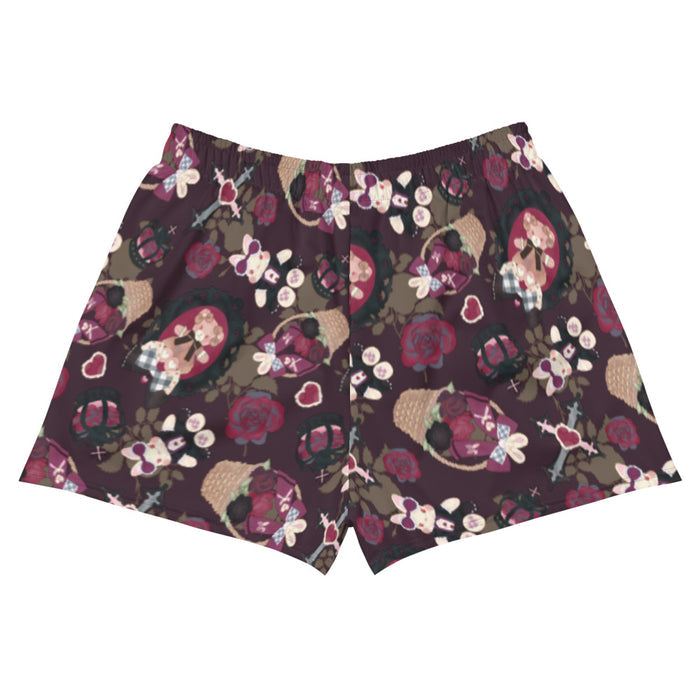 Gothic Teddy short shorts in mauve and charcoal with ornate crosses and grey-blue roses, alternative style