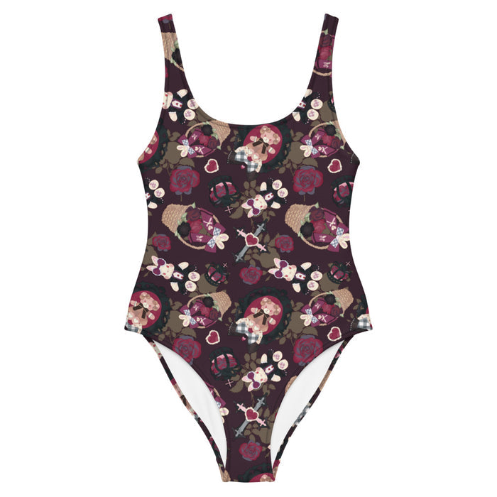 Gothic Teddy one-piece swimsuit in mauve and charcoal with black crowns and crimson roses, goth swimwear