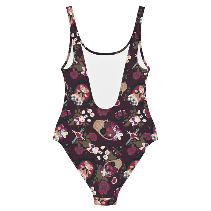 Gothic Teddy one-piece swimsuit in mauve and charcoal with dark roses and heart charms, alternative swim