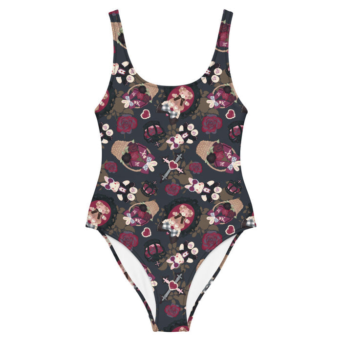 Gothic Teddy one-piece swimsuit in mauve and charcoal with ornate crosses and grey-blue roses, pastel goth swim