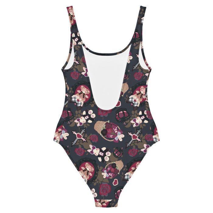 Gothic Teddy one-piece swimsuit in mauve and charcoal with cameo teddies and crimson roses, goth swimwear