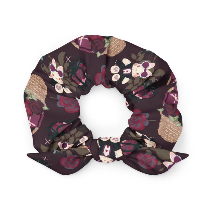 Gothic Teddy scrunchie in mauve and charcoal with dark roses and ornate crosses, goth hair tie