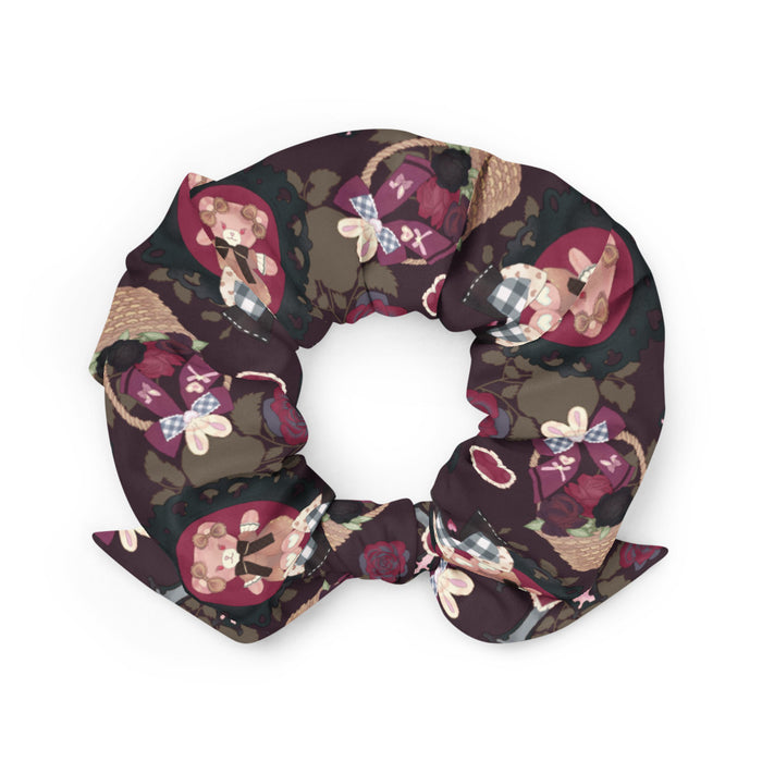 Gothic Teddy scrunchie in mauve and charcoal with rose baskets and gingham hearts, alternative hair flair