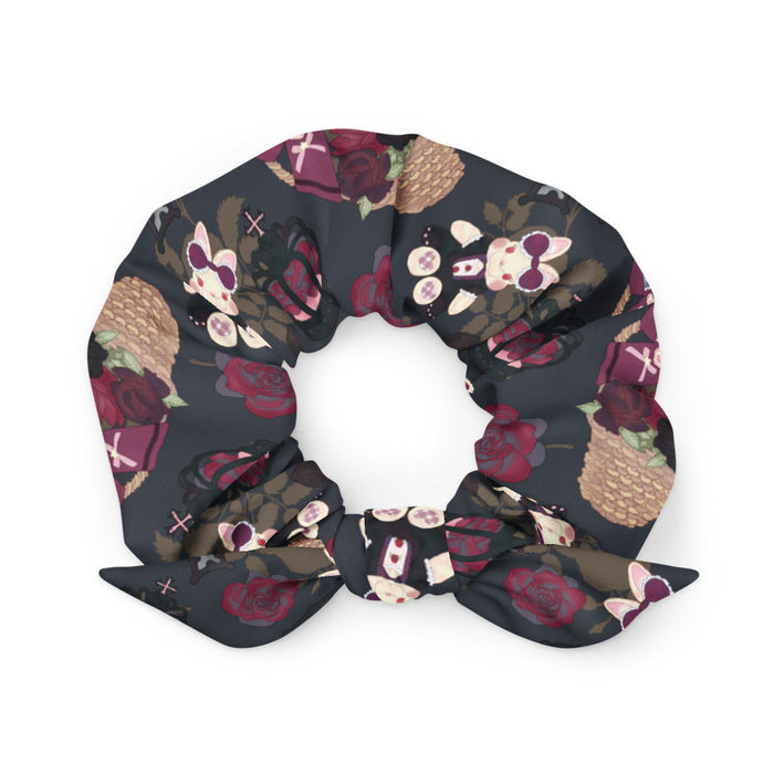 Gothic Teddy scrunchie in mauve and charcoal with grey-blue roses and black bows, goth hair tie
