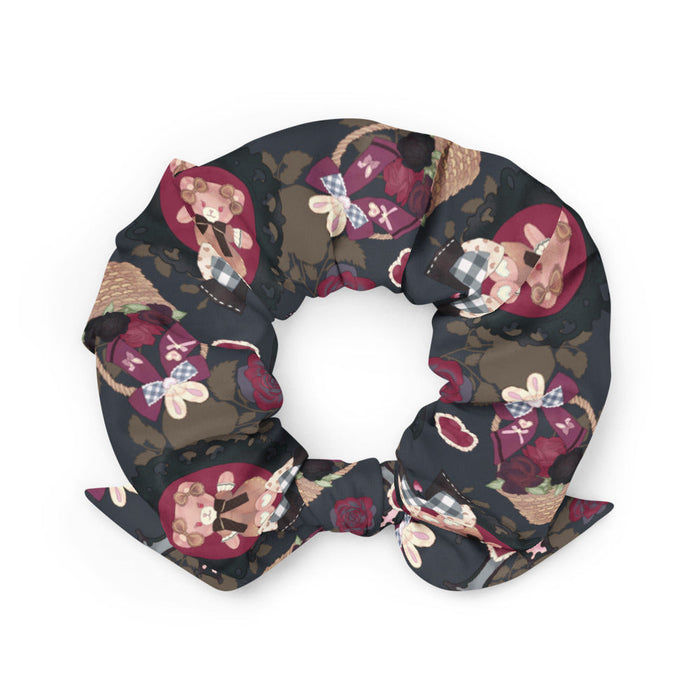 Gothic Teddy scrunchie in mauve and charcoal with heart charms and thorny vines, alternative hair flair