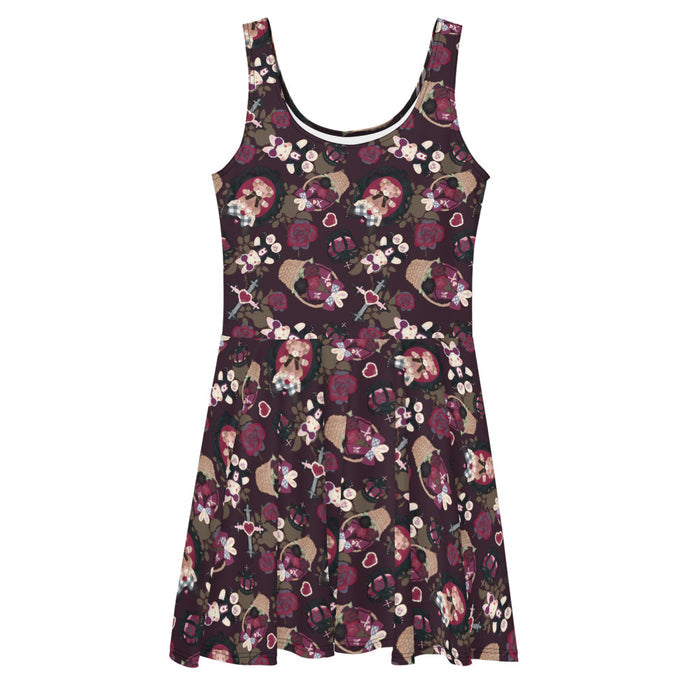 Gothic Teddy skater dress in mauve and charcoal with dark roses and ornate crosses, pastel goth fit