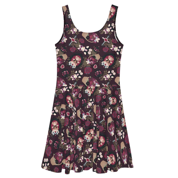 Gothic Teddy skater dress in mauve and charcoal with rose baskets and gingham hearts, kawaii goth style