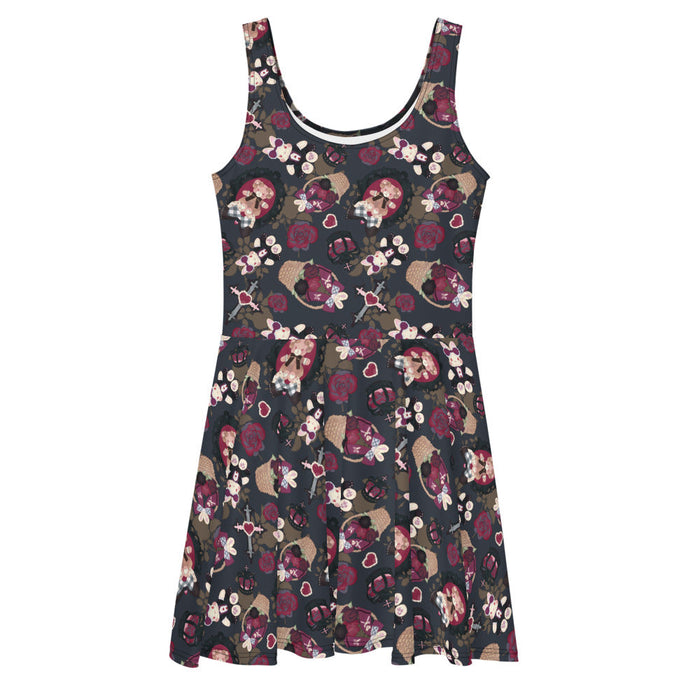 Gothic Teddy skater dress in mauve and charcoal with grey-blue roses and black bows, goth activewear