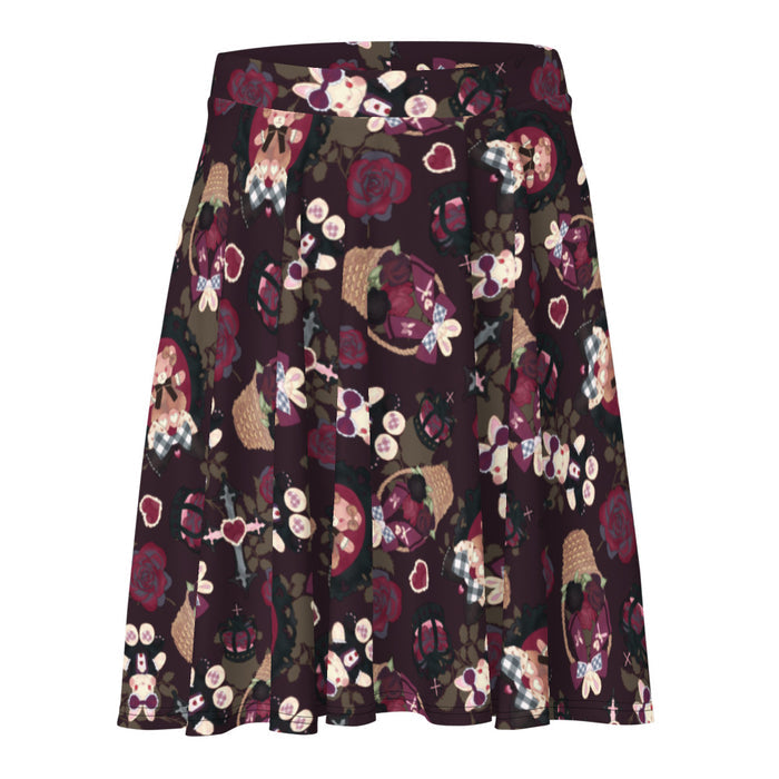 Gothic Teddy skater skirt in mauve and charcoal with winged bunnies and black crowns, alternative style