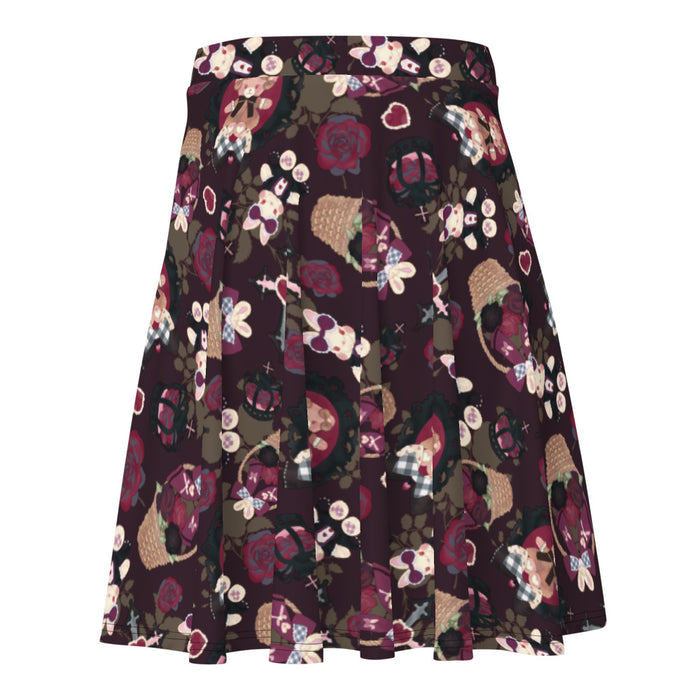 Gothic Teddy skater skirt in mauve and charcoal with dark roses and ornate crosses, pastel goth fit