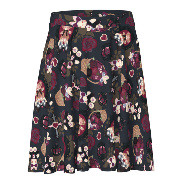 Gothic Teddy skater skirt in mauve and charcoal with rose baskets and gingham hearts, kawaii goth style