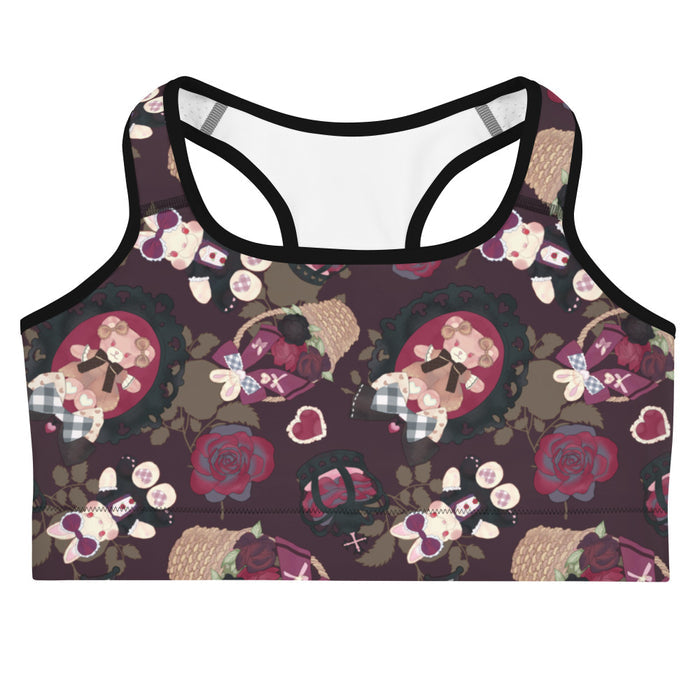 Gothic Teddy sports bra in mauve and charcoal with cameo teddies and crimson roses, goth activewear