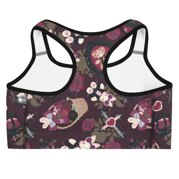 Gothic Teddy sports bra in mauve and charcoal with winged bunnies and black crowns, alternative style