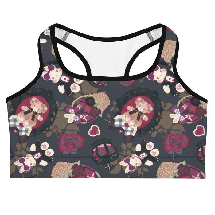 Gothic Teddy sports bra in mauve and charcoal with dark roses and ornate crosses, pastel goth fit