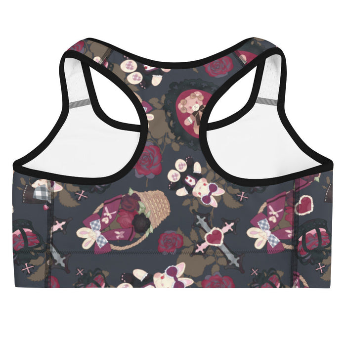 Gothic Teddy sports bra in mauve and charcoal with rose baskets and gingham hearts, kawaii goth style