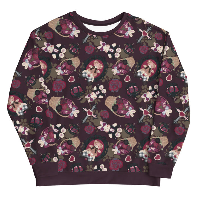 Gothic Teddy sweatshirt in mauve and charcoal with winged bunnies and black crowns, kawaii goth style
