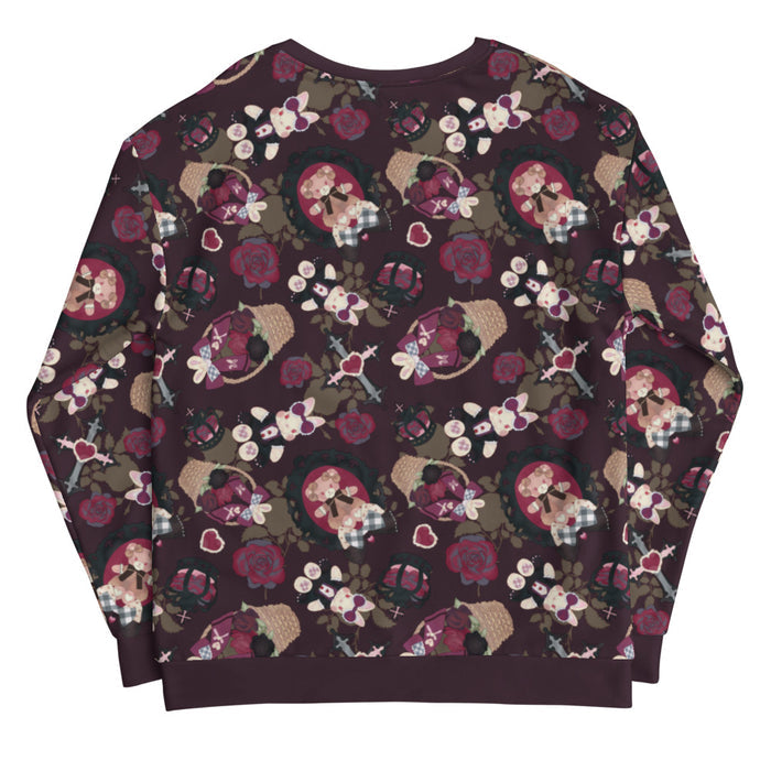 Gothic Teddy sweatshirt in mauve and charcoal with dark roses and ornate crosses, goth activewear