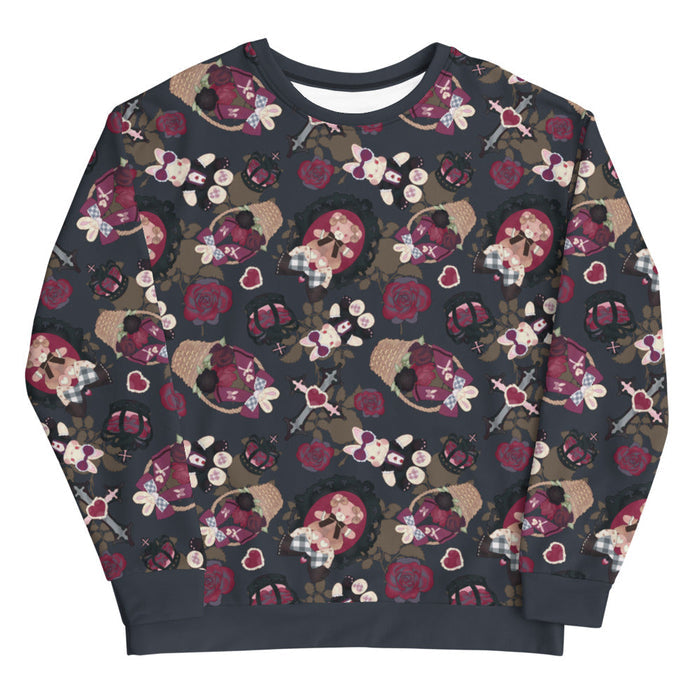 Gothic Teddy sweatshirt in mauve and charcoal with rose baskets and gingham hearts, alternative style