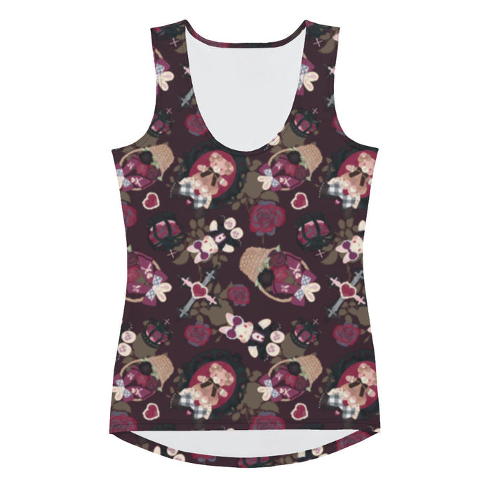 Gothic Teddy tank top in mauve and charcoal with ornate crosses and grey-blue roses, alternative style