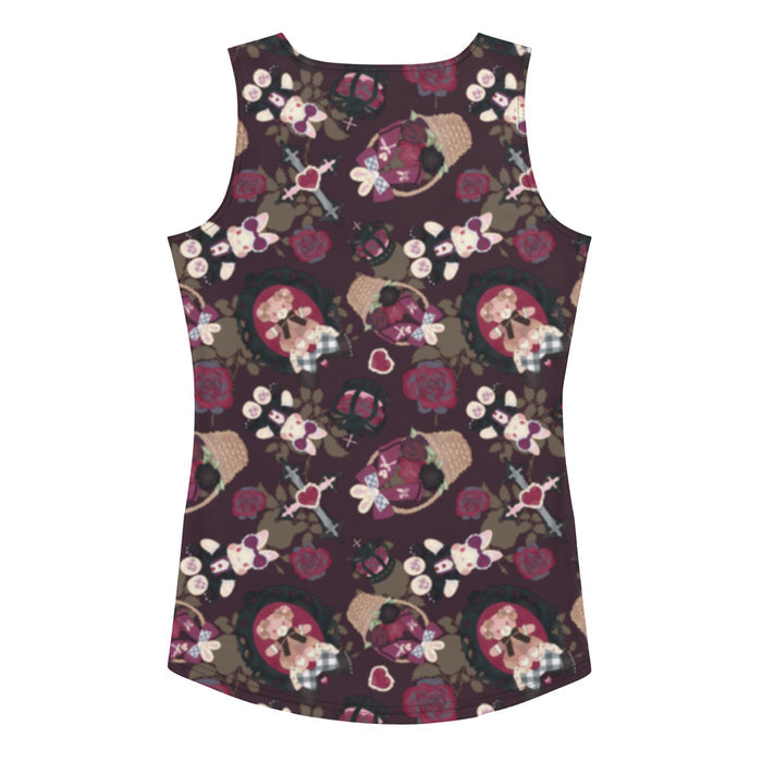 Gothic Teddy tank top in mauve and charcoal with cameo teddies and crimson roses, pastel goth fit