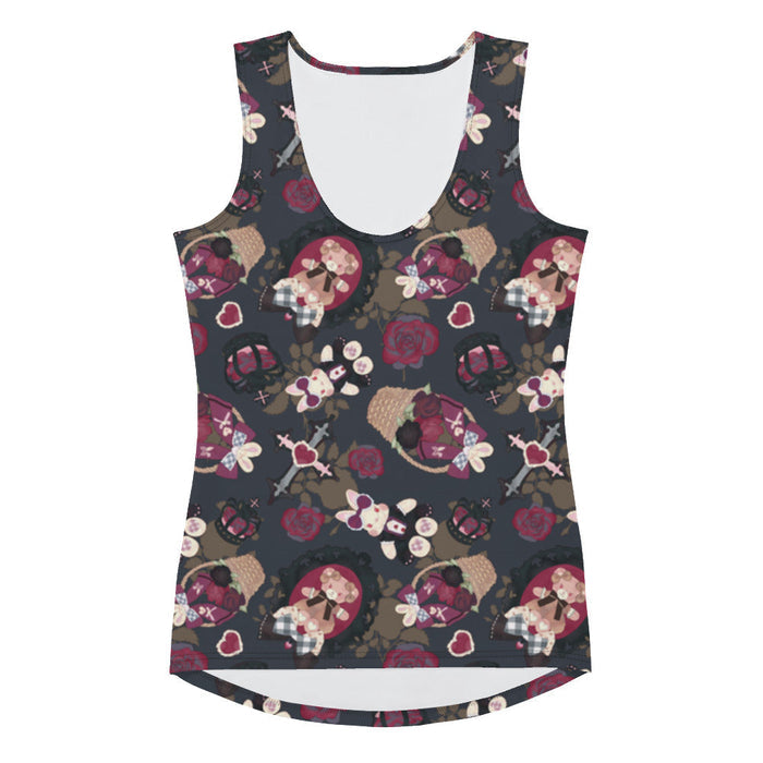 Gothic Teddy tank top in mauve and charcoal with winged bunnies and black crowns, kawaii goth style