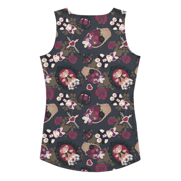 Gothic Teddy tank top in mauve and charcoal with dark roses and ornate crosses, goth activewear