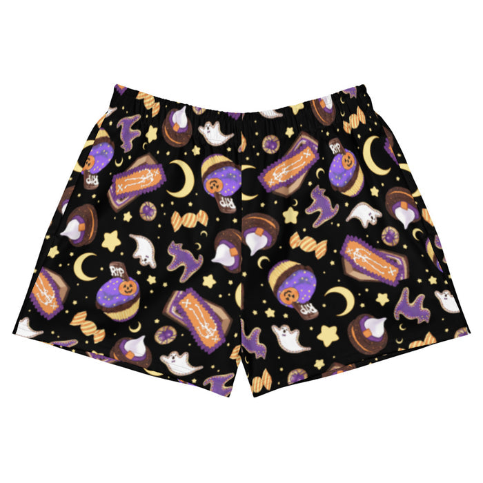 Halloween Treat alternative athletic short shorts in black with ghost cookies and crescent moons
