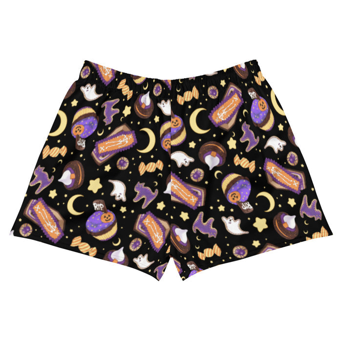 Halloween Treat alternative athletic short shorts in black with black cats and golden stars
