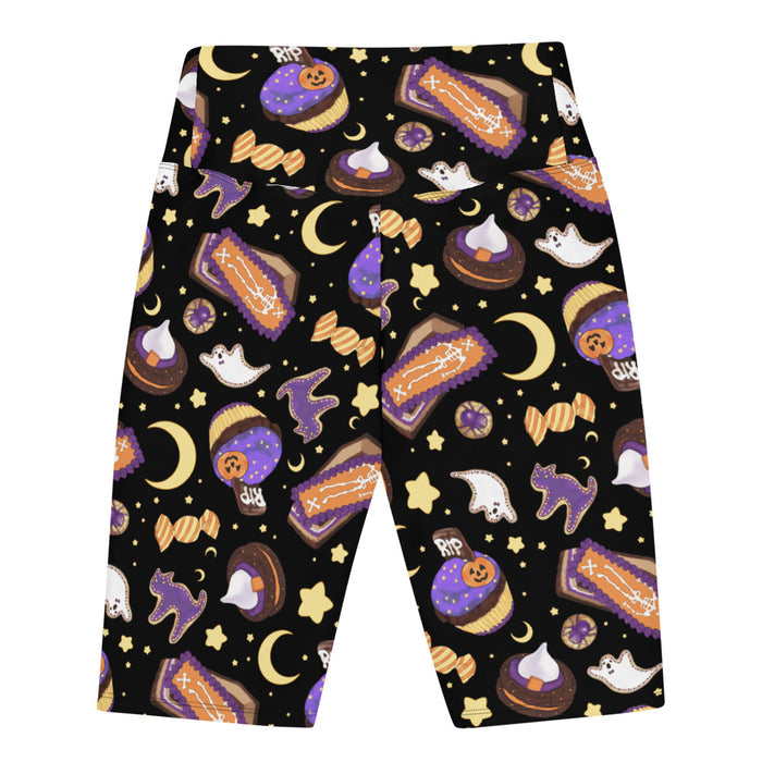 Halloween Treat alternative biker shorts in black with marshmallow ghosts and witch hats