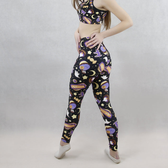 Halloween Treat alternative leggings in black with wrapped candies and RIP cookies