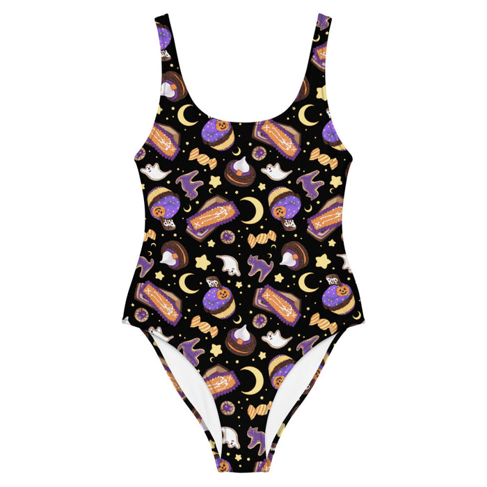 Halloween Treat alternative one-piece swimsuit in black with witch hats and wrapped candies