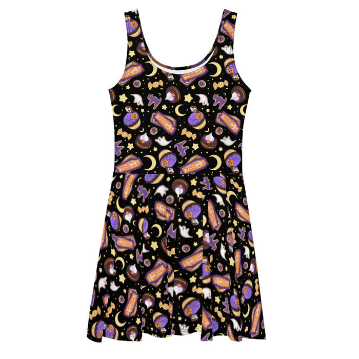 Halloween Treat alternative skater dress in black with golden stars and pumpkin cupcakes