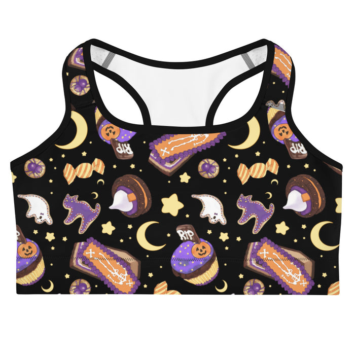 Halloween Treat alternative sports bra in black with coffin cakes and marshmallow ghosts