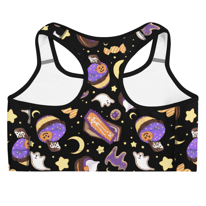 Halloween Treat alternative sports bra in black with pumpkin cupcakes and ghost cookies