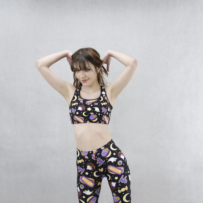 Halloween Treat alternative sports bra in black with RIP cookies and black cats