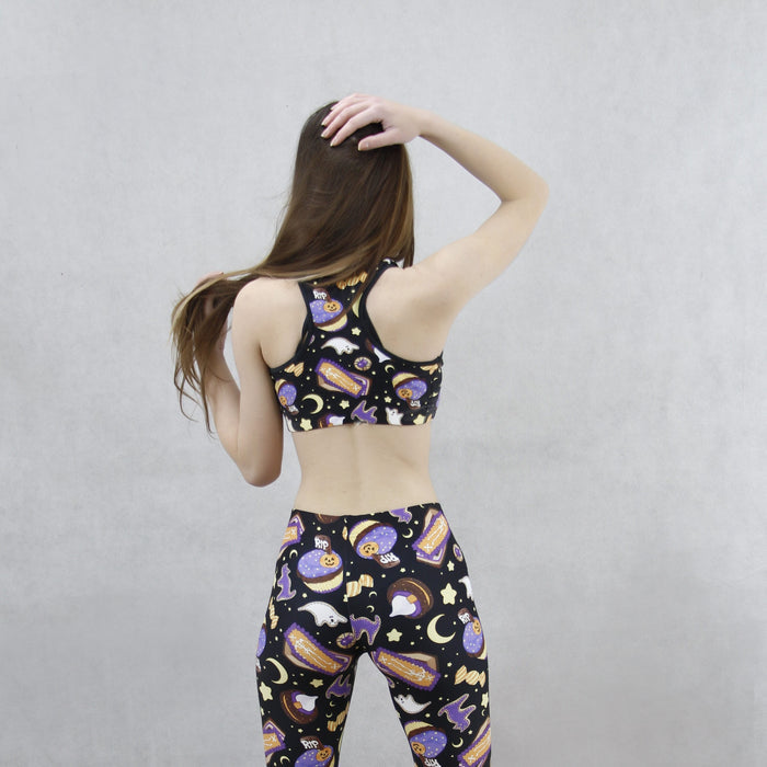 Halloween Treat alternative sports bra in black with ghost cookies and crescent moons
