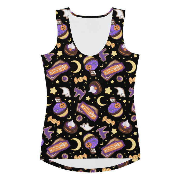 Halloween Treat alternative tank top in black with coffin cakes and marshmallow ghosts