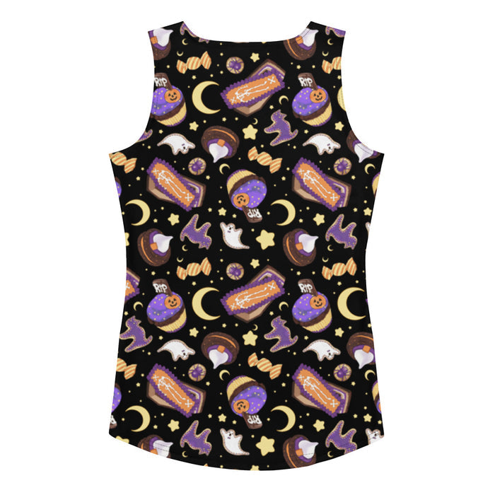 Halloween Treat alternative tank top in black with pumpkin cupcakes and ghost cookies