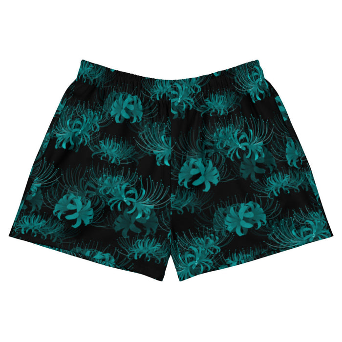 Higanbana gothic athletic shorts in black with red, blue and teal spider lilies