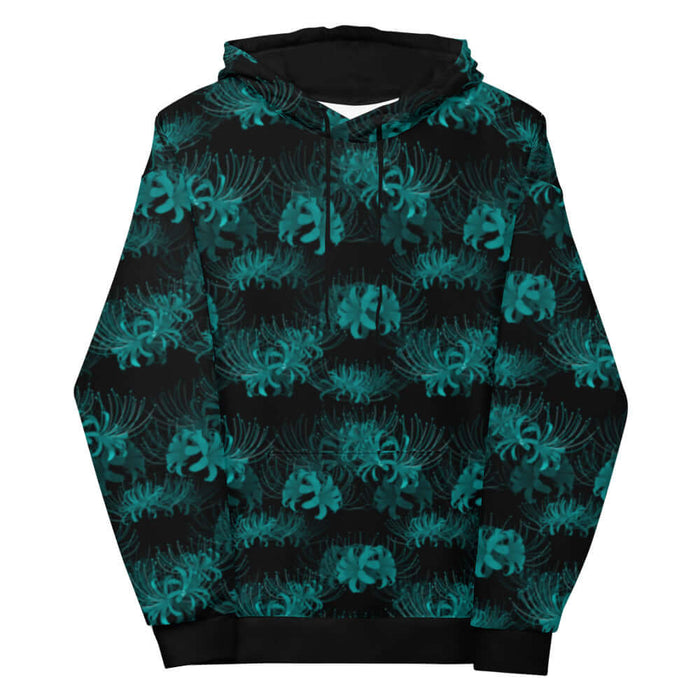 Higanbana gothic hoodie in teal with teal spider lilies on black
