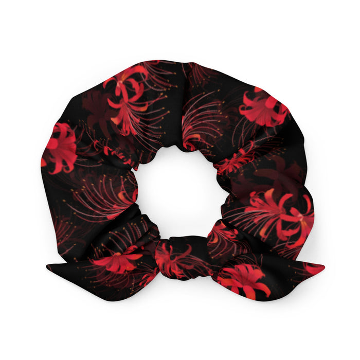 Higanbana gothic scrunchie in black with red, blue and teal spider lilies