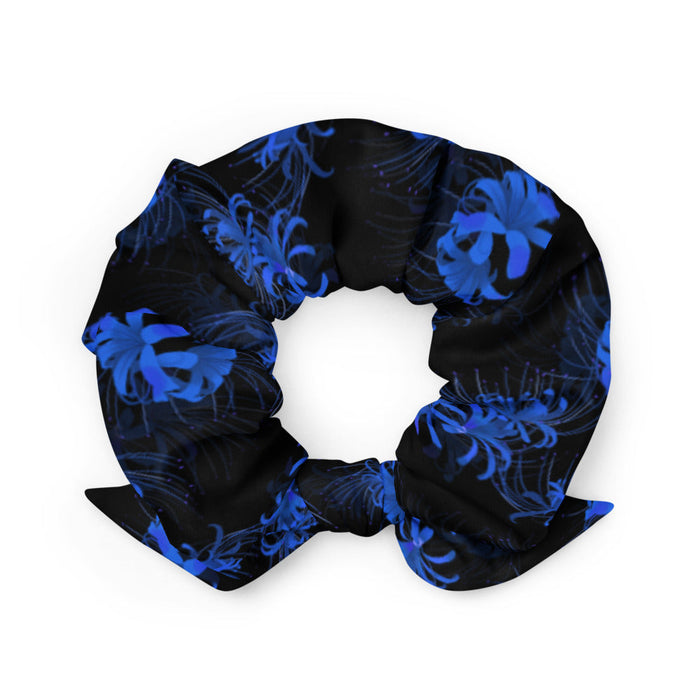 Higanbana gothic scrunchie in blue with blue spider lily blooms on black