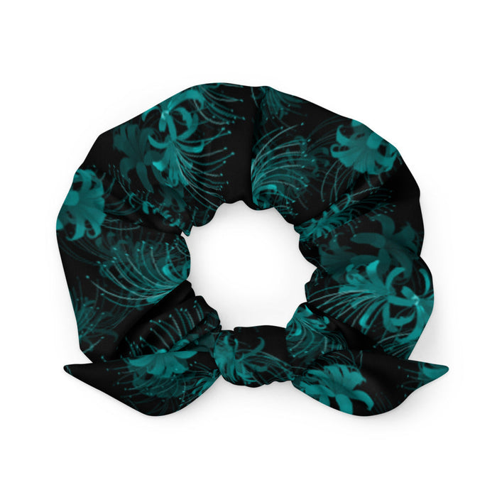 Higanbana gothic scrunchie in black with red, blue and teal spider lily blooms