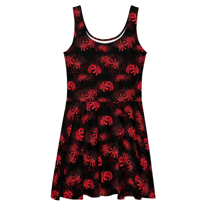 Higanbana gothic skater dress in red with red spider lilies on black