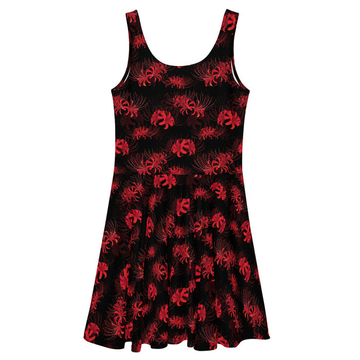 Higanbana gothic skater dress in red with red spider lily blooms on black