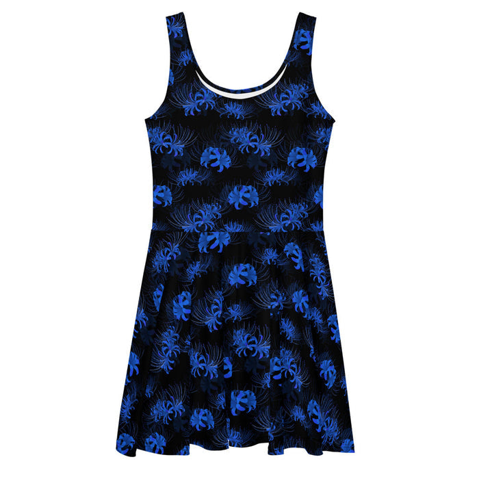 Higanbana gothic skater dress in blue with blue spider lilies on black