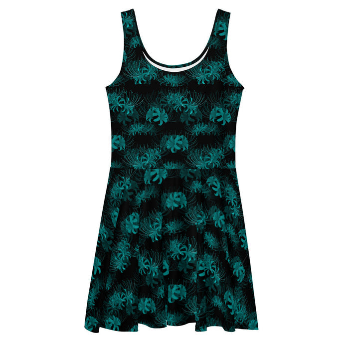 Higanbana gothic skater dress in teal with teal spider lilies on black