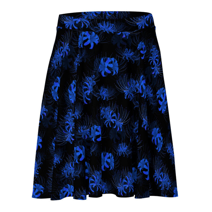 Higanbana gothic skater skirt in blue with blue spider lilies on black